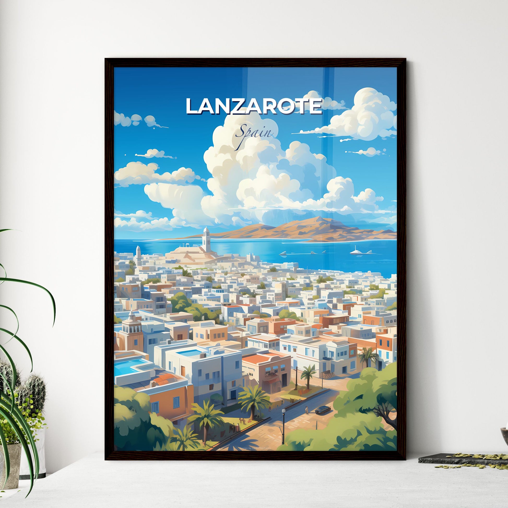 Lanzarote Spain Skyline - A City With A Body Of Water And A White Tower - Customizable Travel Gift Default Title