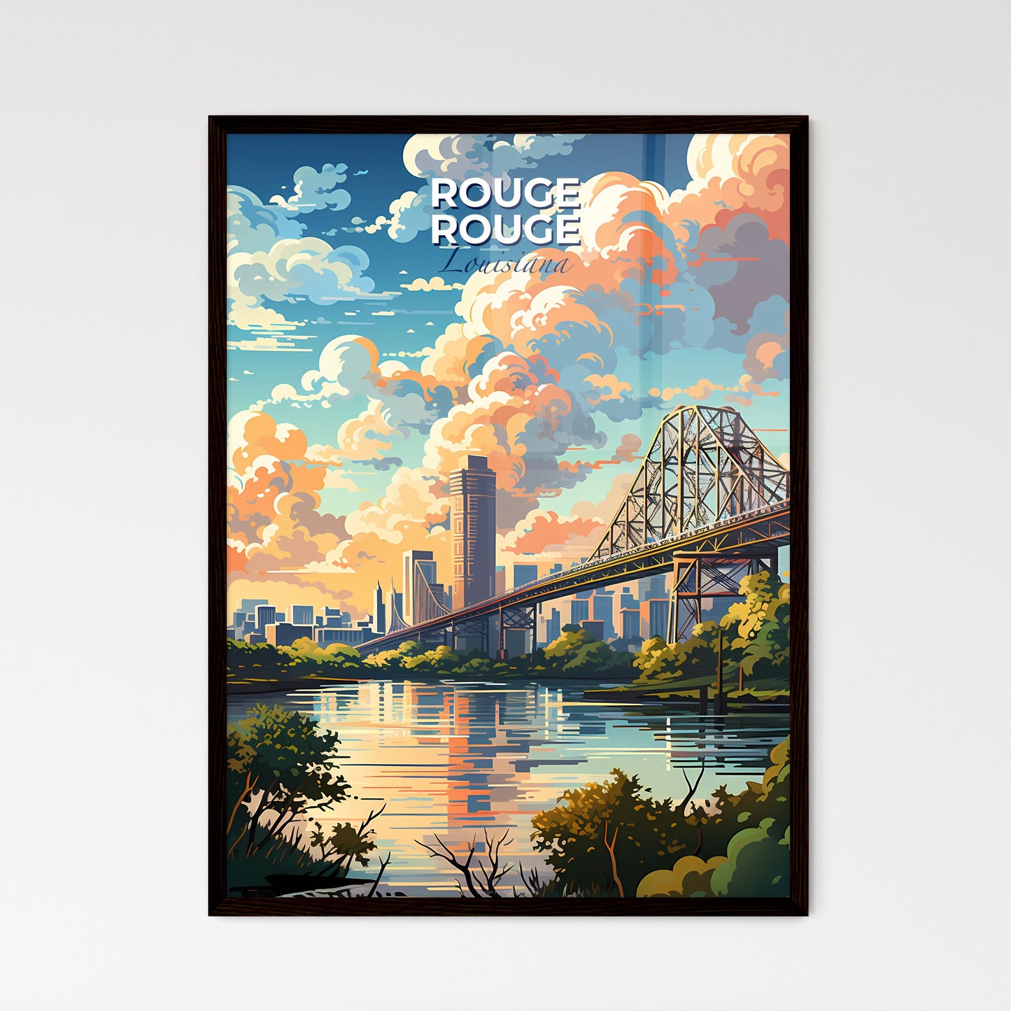 Baton Rouge Louisiana Skyline - A Bridge Over A River With Trees And A City In The Background - Customizable Travel Gift Default Title