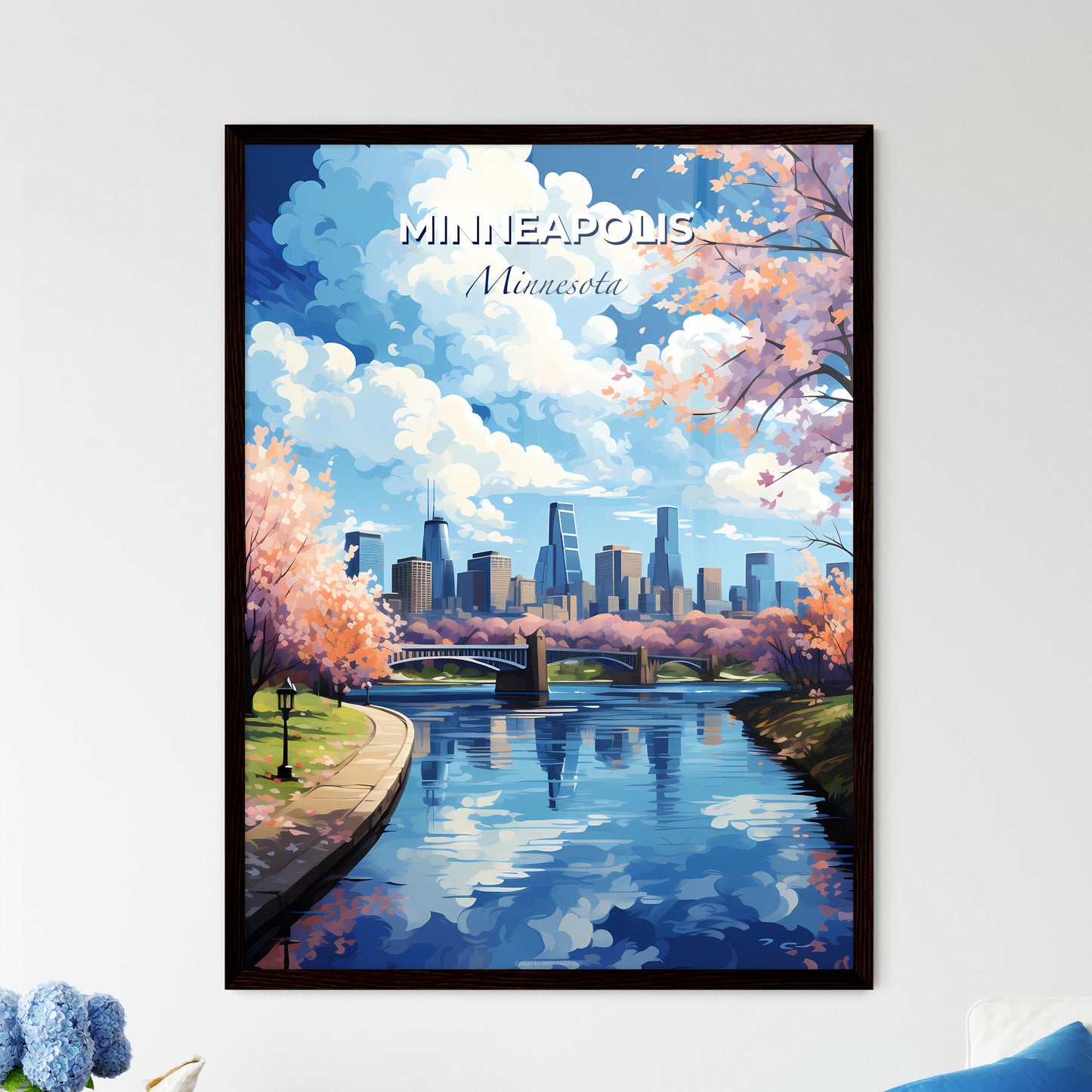 Minneapolis Minnesota Skyline - A River With A Bridge And Trees With Pink Flowers - Customizable Travel Gift Default Title