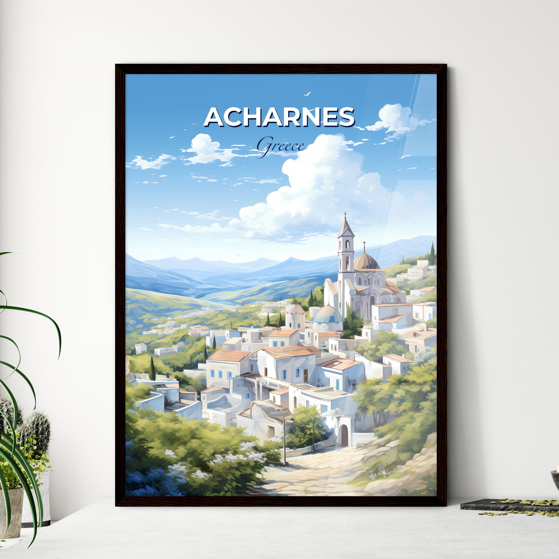 Acharnes Greece Skyline - A White Buildings With A Steeple On Top Of It - Customizable Travel Gift Default Title