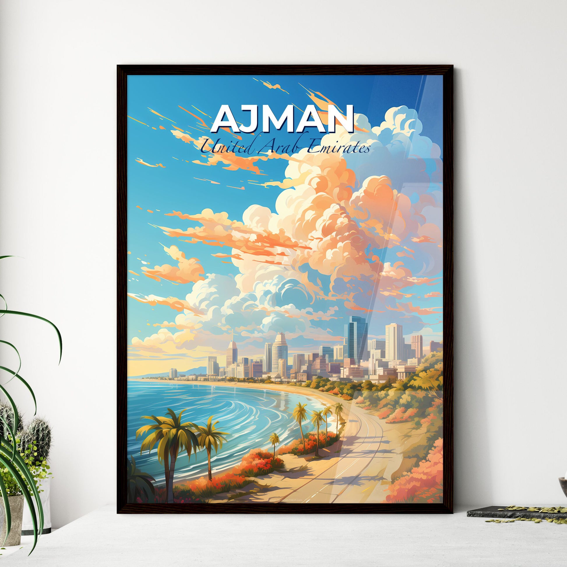 Ajman United Arab Emirates Skyline - A Beach With Palm Trees And A City In The Distance - Customizable Travel Gift Default Title