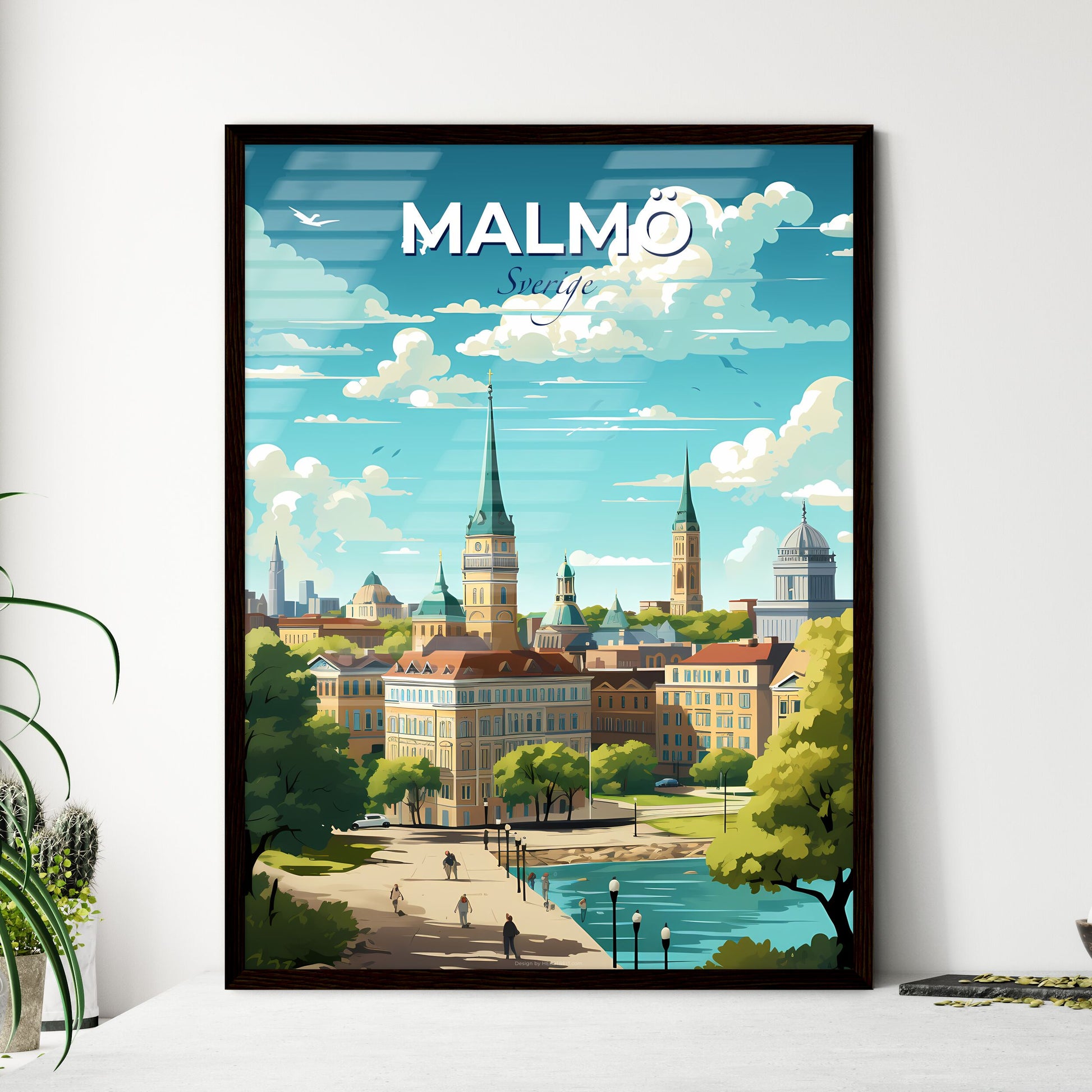 Malm Sverige Skyline - A City With Trees And A Man Walking On A Sidewalk - Customizable Travel Gift Default Title