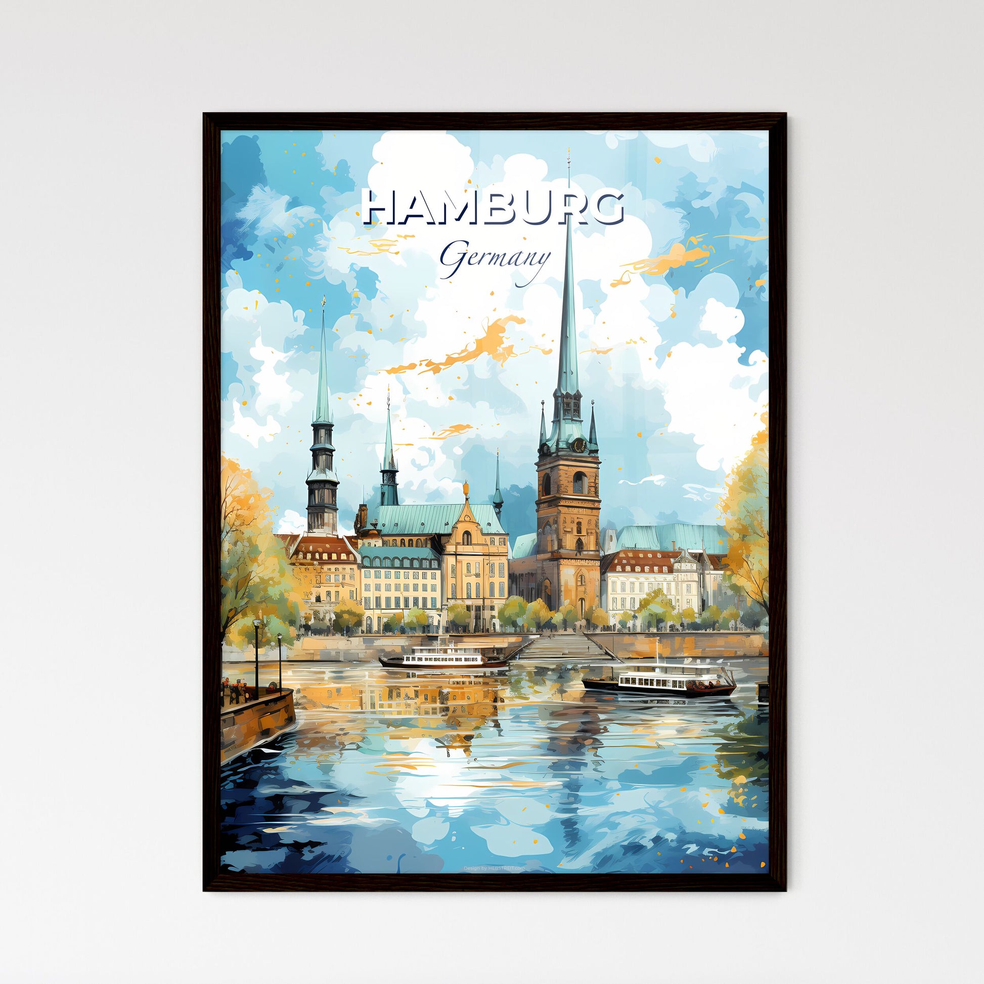 Hamburg Germany Skyline - A Water With Boats And Buildings And Trees - Customizable Travel Gift Default Title