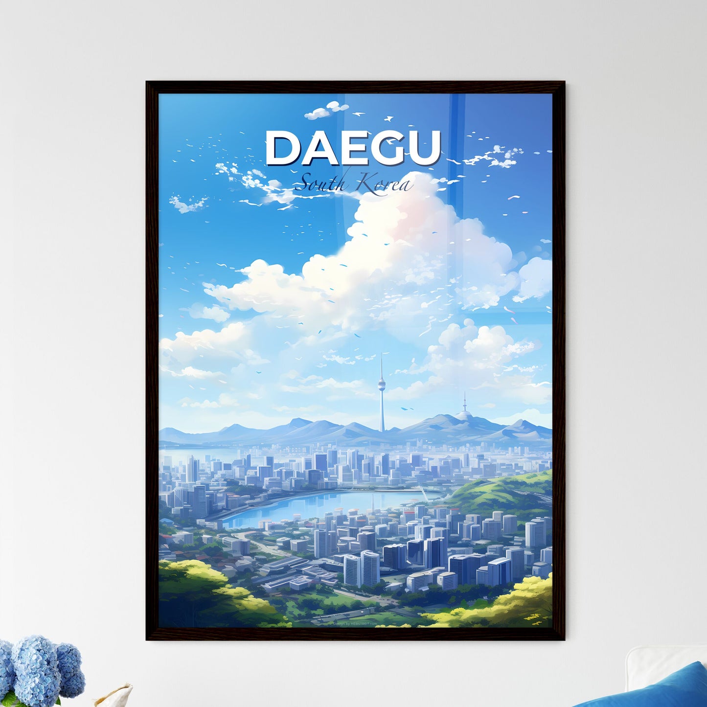 Daegu South Korea Skyline - A City With A Lake And Mountains In The Background - Customizable Travel Gift Default Title