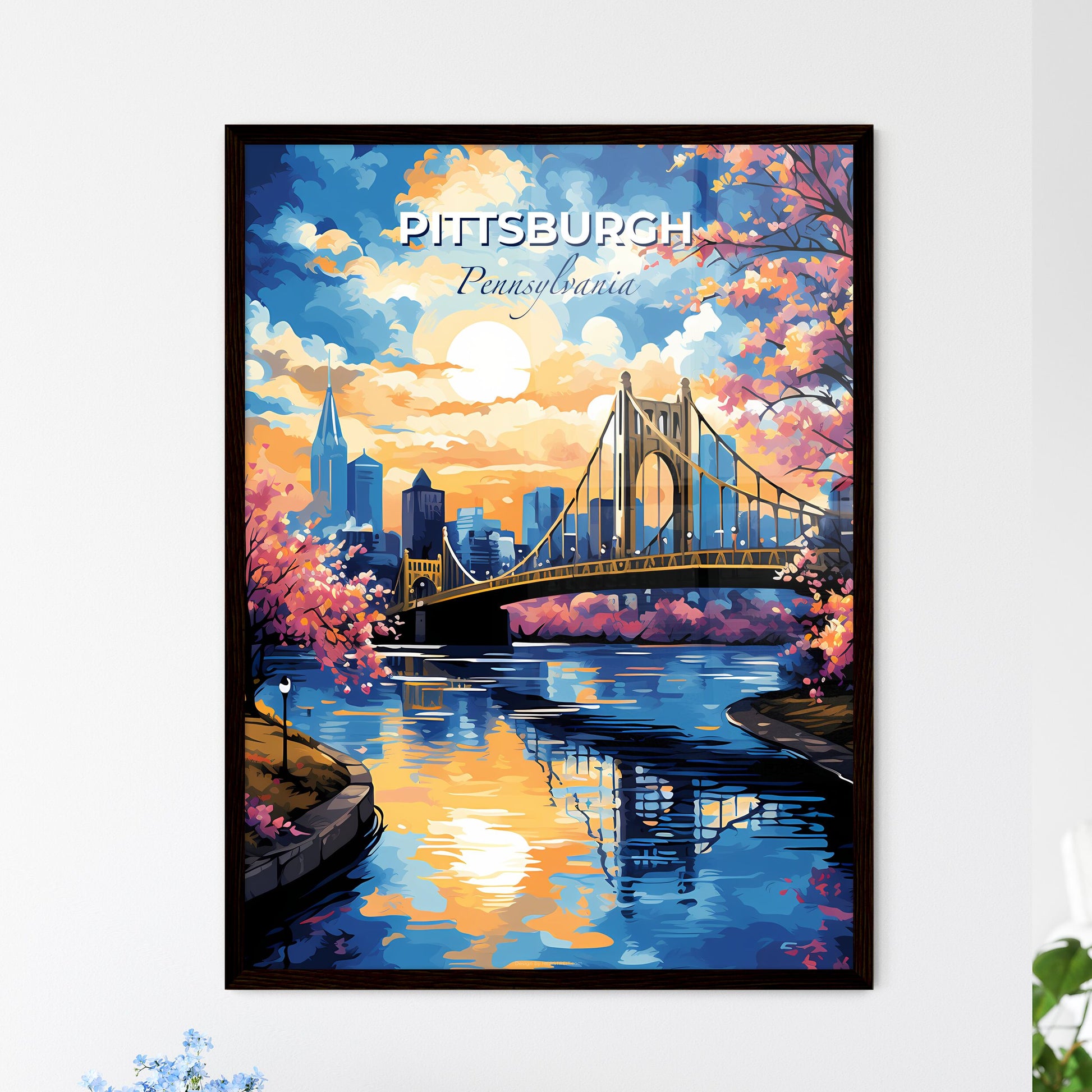 Pittsburgh Pennsylvania Skyline - A Bridge Over A River With Pink Trees And A City In The Background - Customizable Travel Gift Default Title