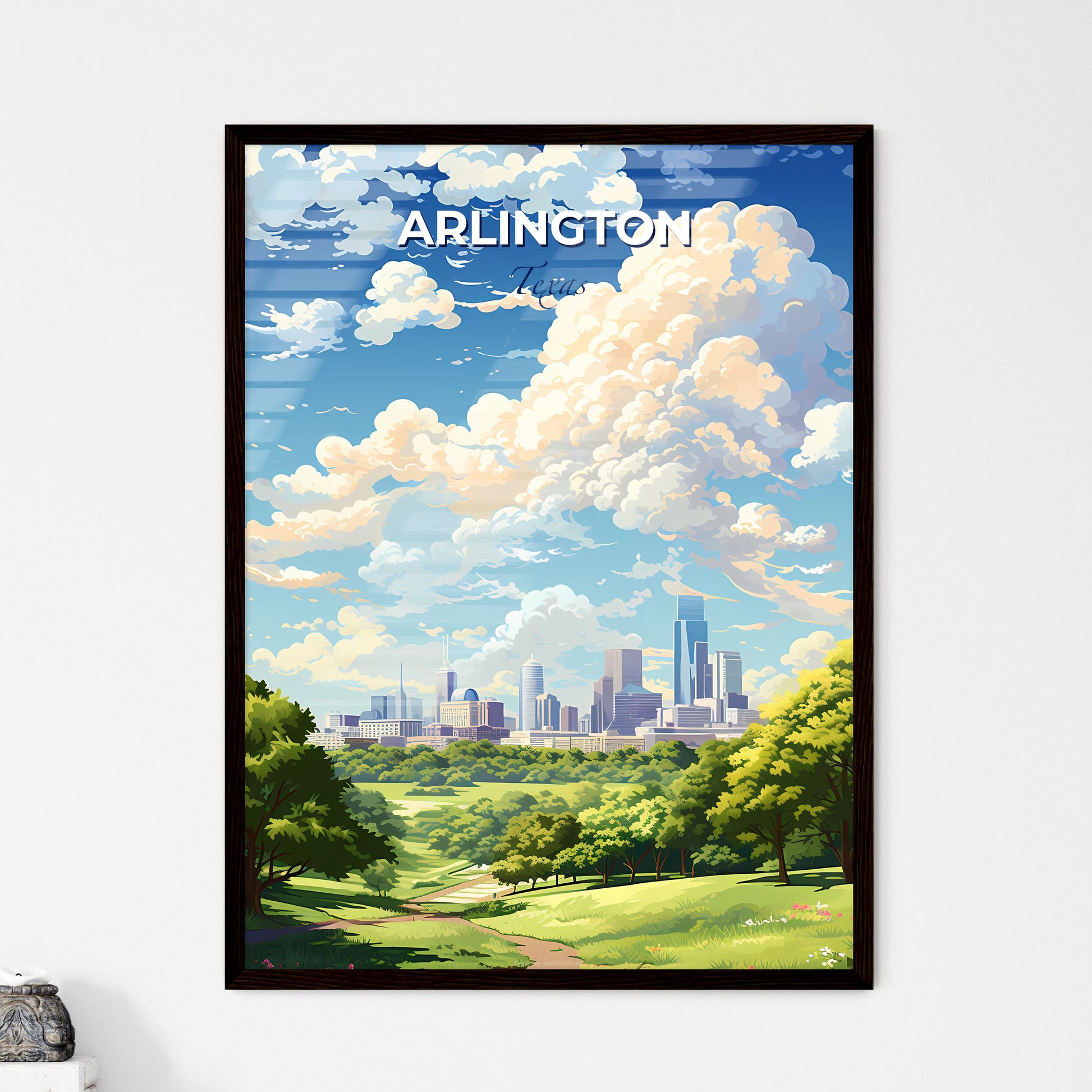 Arlington Texas Skyline - A Landscape Of A City With Trees And A Blue Sky With Clouds - Customizable Travel Gift Default Title
