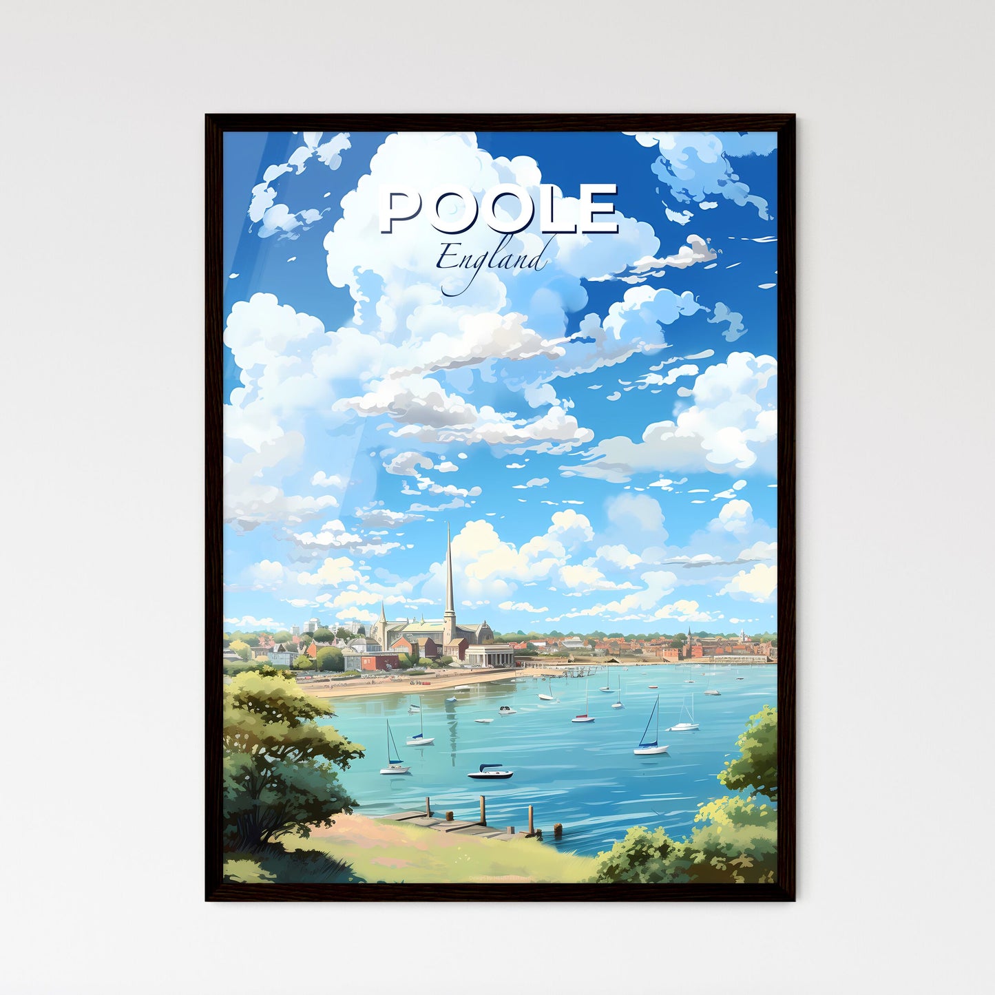 Poole England Skyline - A Water Body With Boats And Buildings And Trees - Customizable Travel Gift Default Title