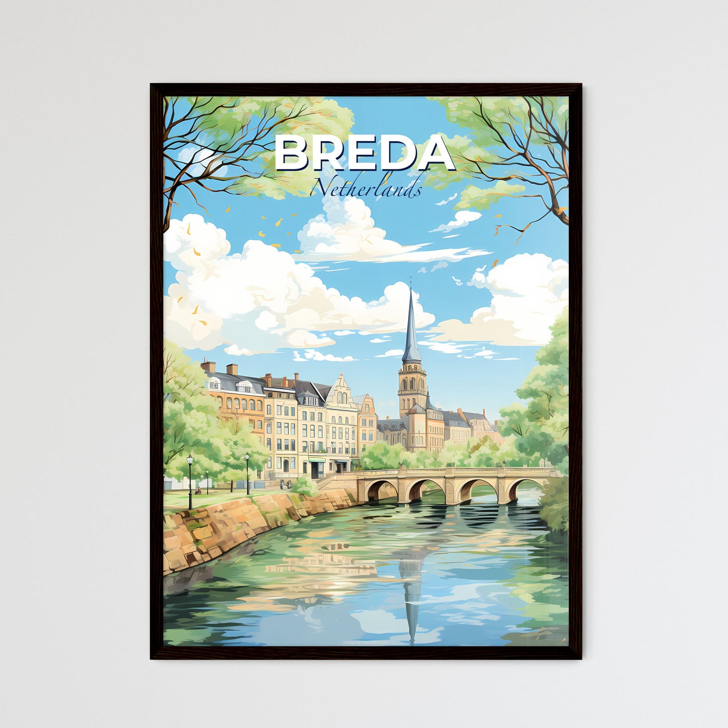 Breda Netherlands Skyline - A Bridge Over A River With Trees And Buildings - Customizable Travel Gift Default Title