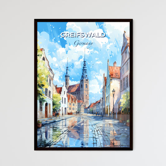 Greifswald Germany Sklyine - A Street With Buildings And A Church In The Background - Customizable Travel Gift Default Title