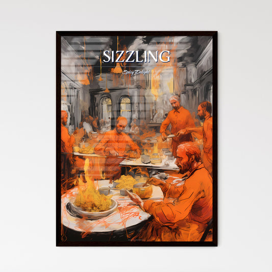 A Poster of tika masala food drawing sketchbook art - A Group Of Men Eating In A Room With Fire Framed Art