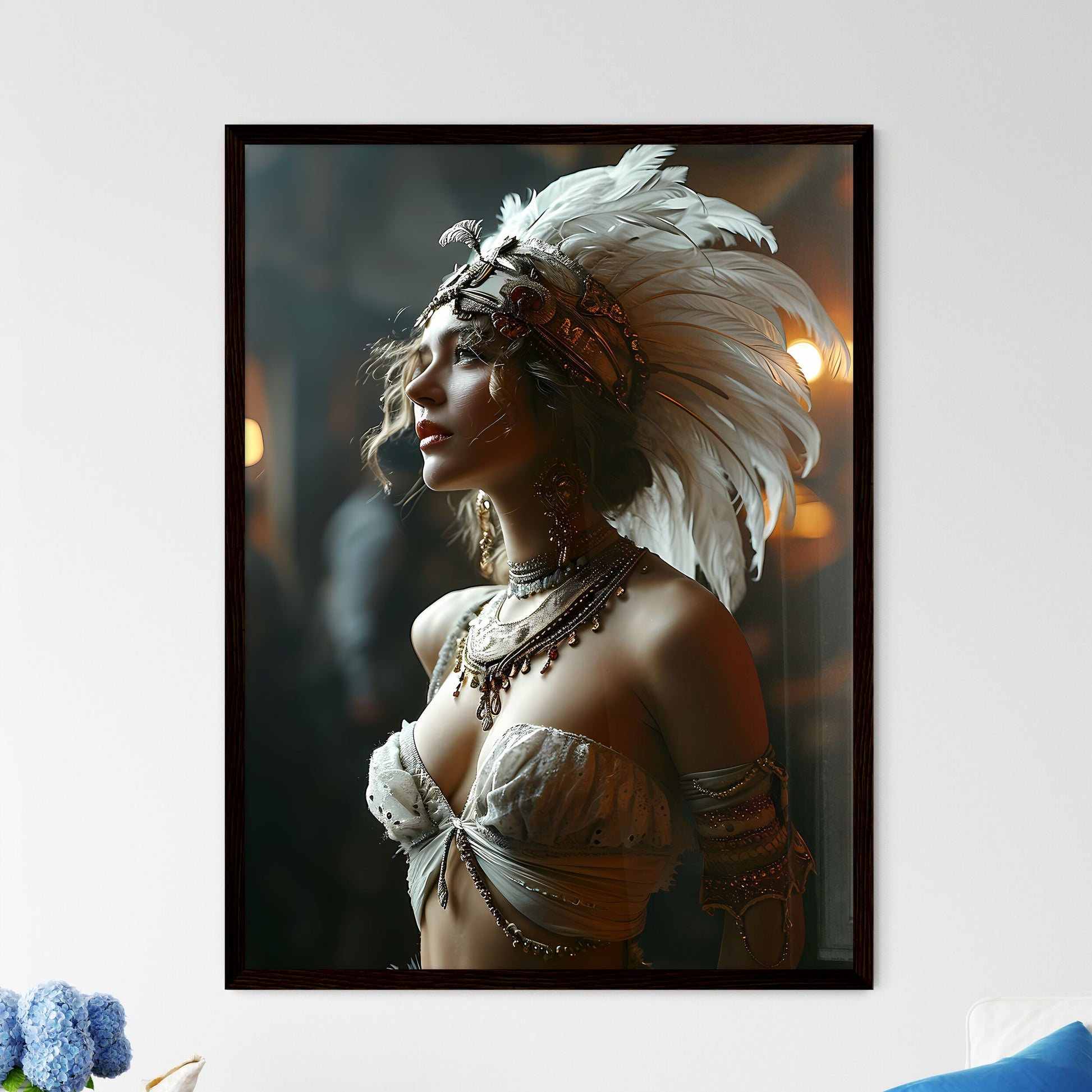 A Poster of a woman with feathers - A Woman  - Framed Art Print