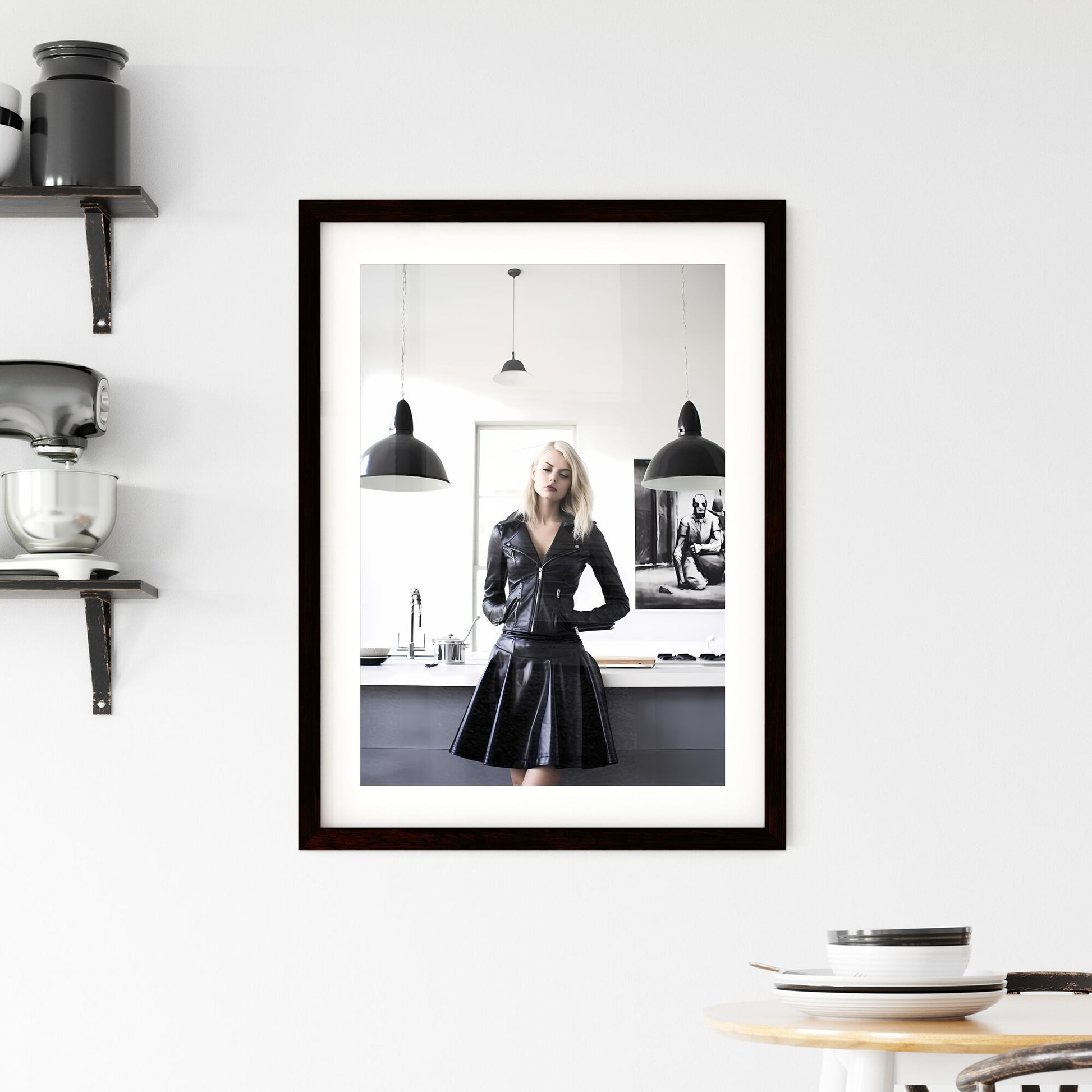 A Poster of leather goddess in a tres chic kitchen - A Woman In A Black Leather Jacket Default Title