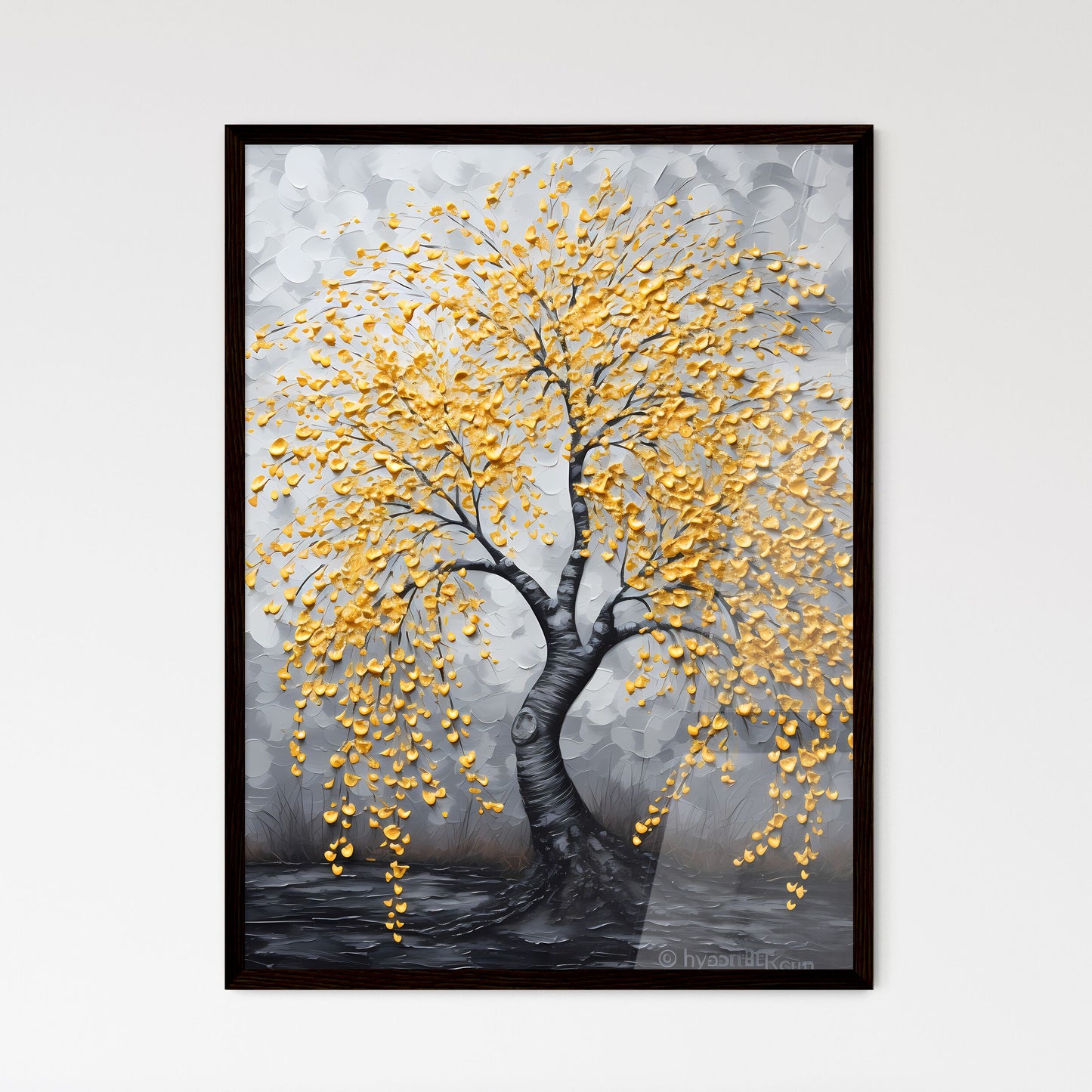A Poster of an acrylic painting of a yellow  - Framed Art Print