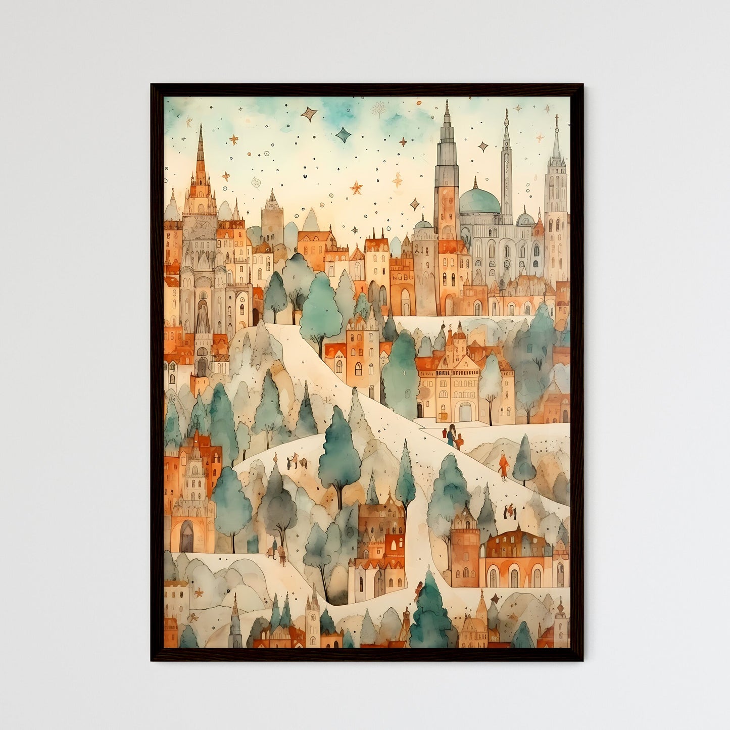A Poster of christmas pattern background - A Painting Of A City Framed Art