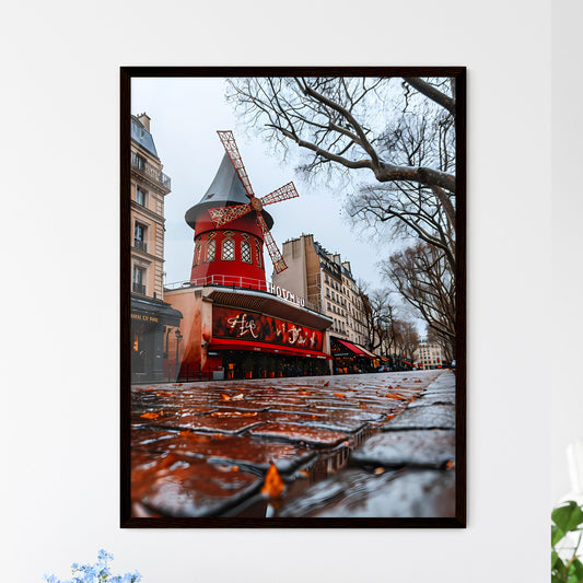 A Poster of Une lofi girl regardant - A Red Windmill On A Wet Sidewalk Framed Art