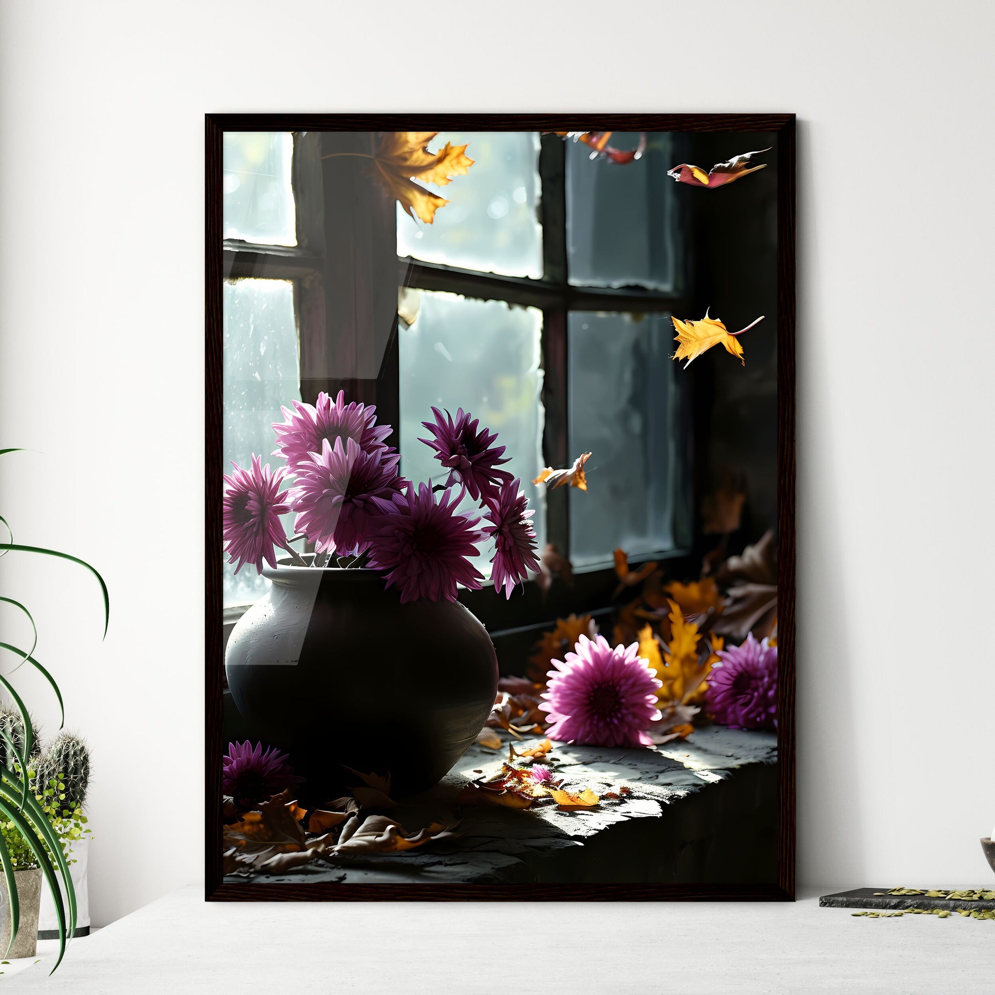 A Poster of A pot of purple chrysanthemums b - Framed Art Print