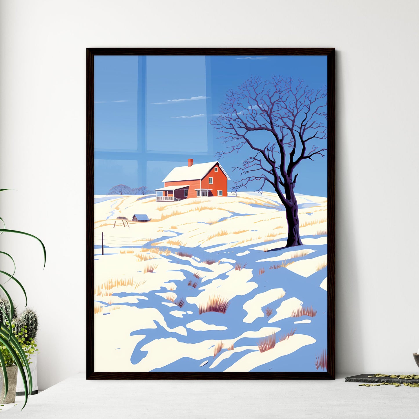 A Poster of prairie farmhouse buried in snow - A House On A Snowy Hill Framed Art