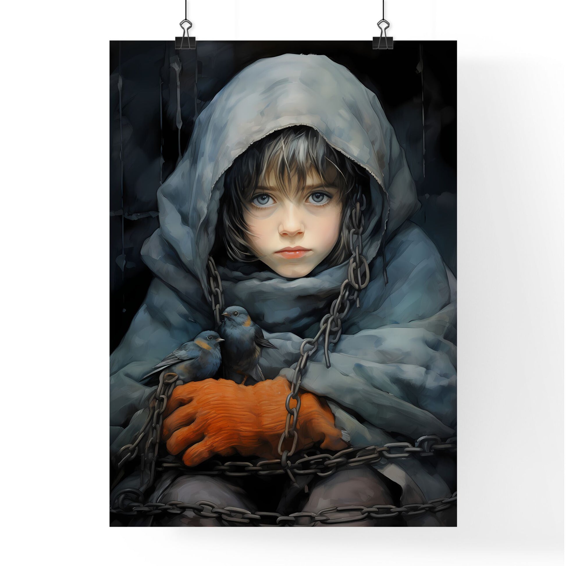 A Poster of a painting of a girl holding a blue bird - A Child With A Hood And A Chain Around Her Neck Default Title