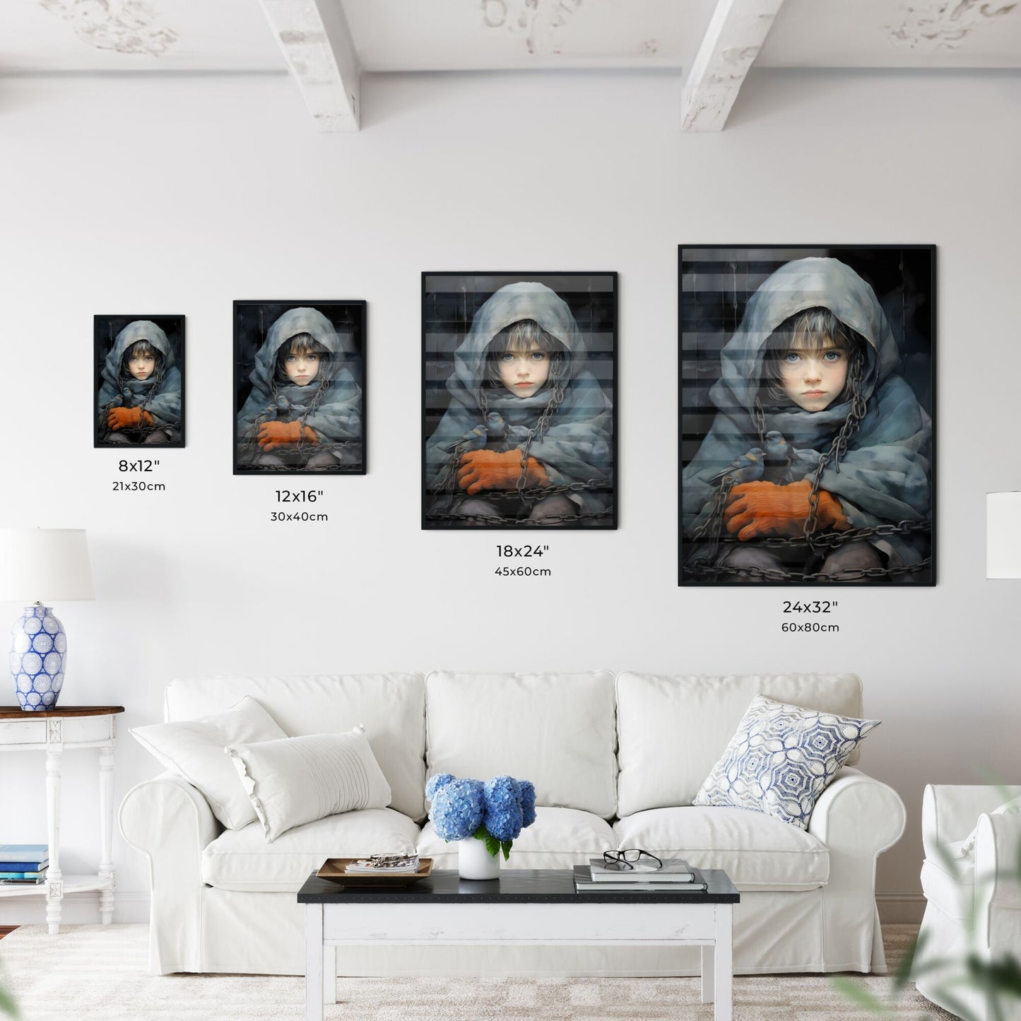 A Poster of a painting of a girl holding a blue bird - A Child With A Hood And A Chain Around Her Neck Default Title