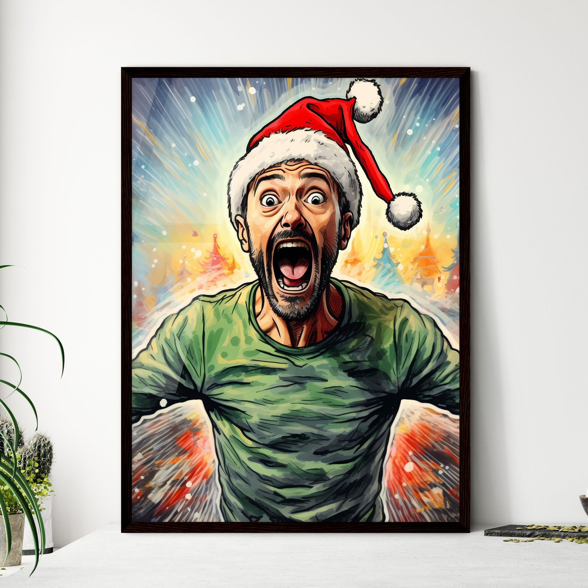 A Poster of happy suprised man wearing santa - Framed Art Print