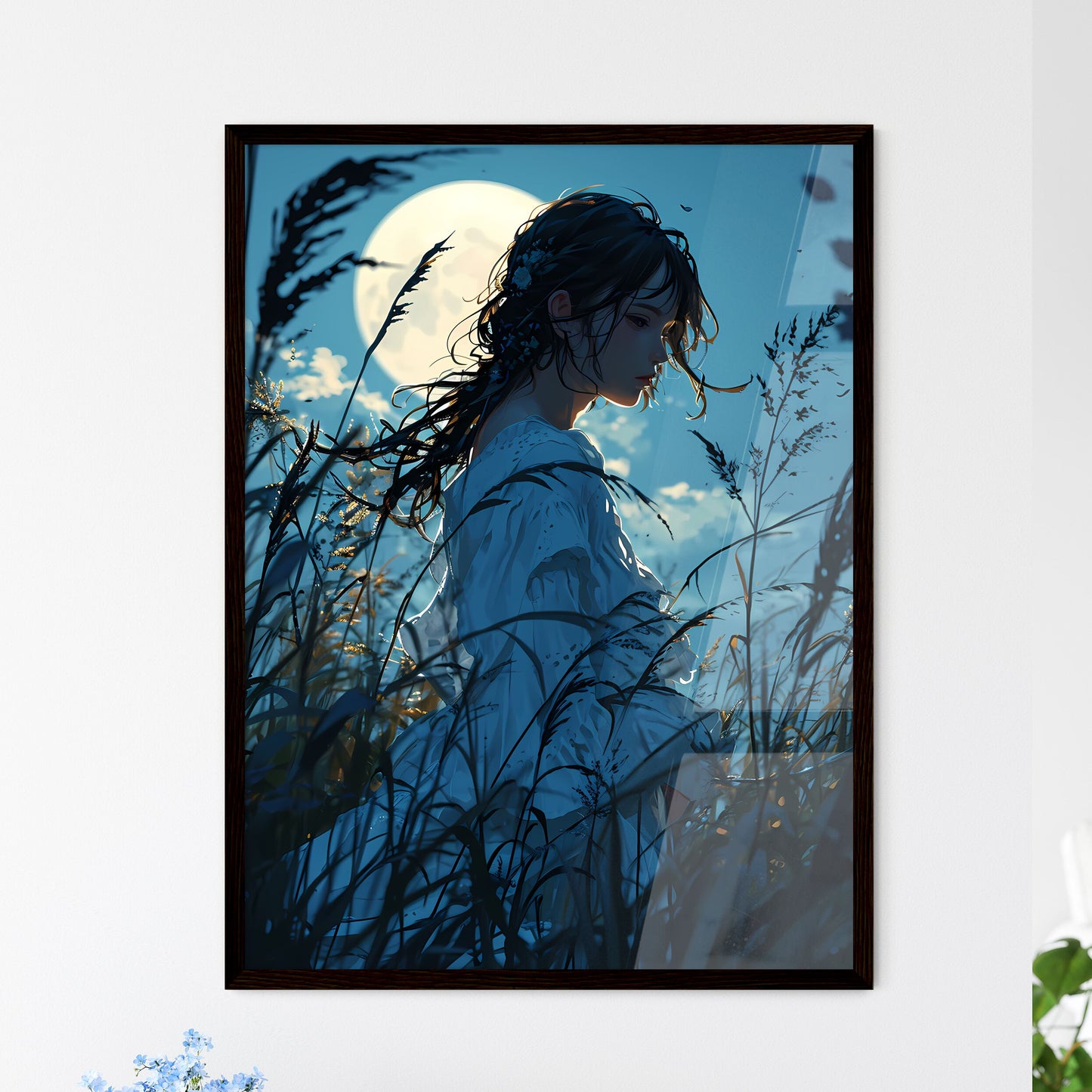 A Poster of a nocturne - A Woman In A White Dress In A Field Of Tall Grass Default Title