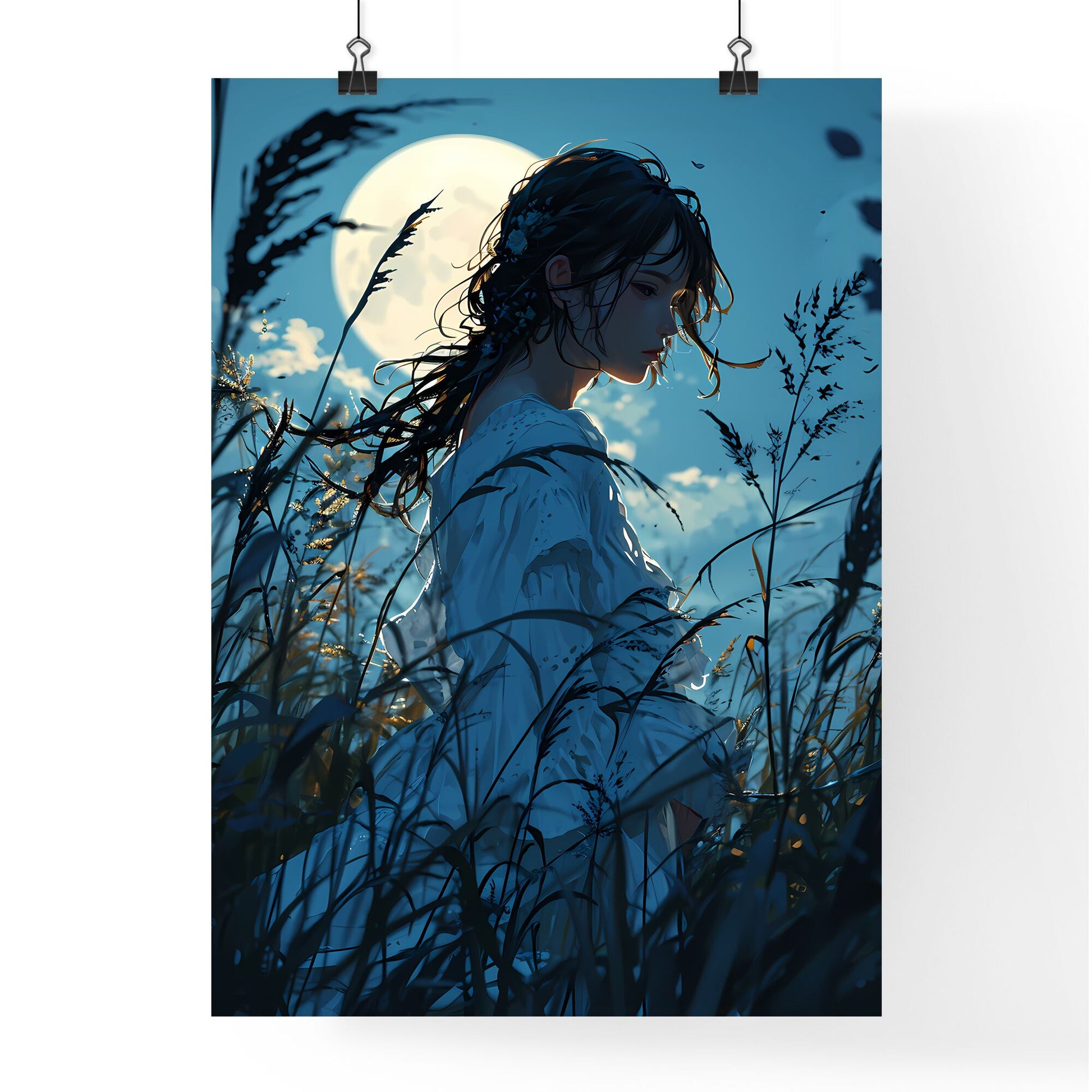 A Poster of a nocturne - A Woman In A White Dress In A Field Of Tall Grass Default Title