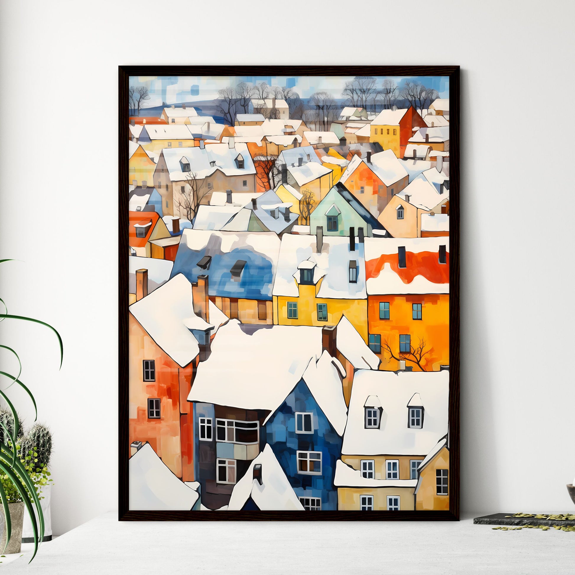 A Poster of snowy german small town roofs - A Group Of Colorful Buildings Covered In Snow Framed Art