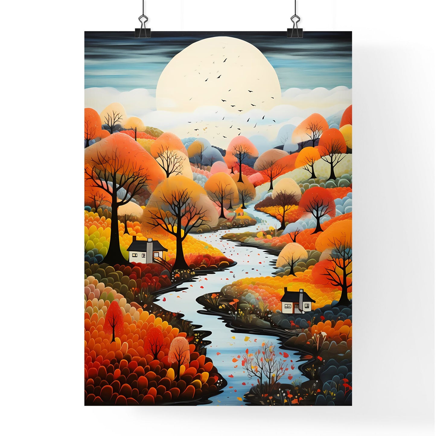 A Poster of autumn landscape - A Painting Of A River Running Through A Forest Default Title