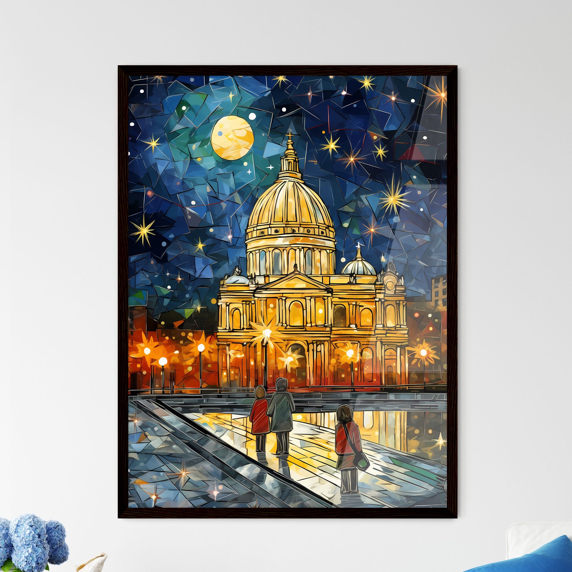 A Poster of adorable christmas illustration card - A Painting Of A Building With A Dome And A Moon Framed Art