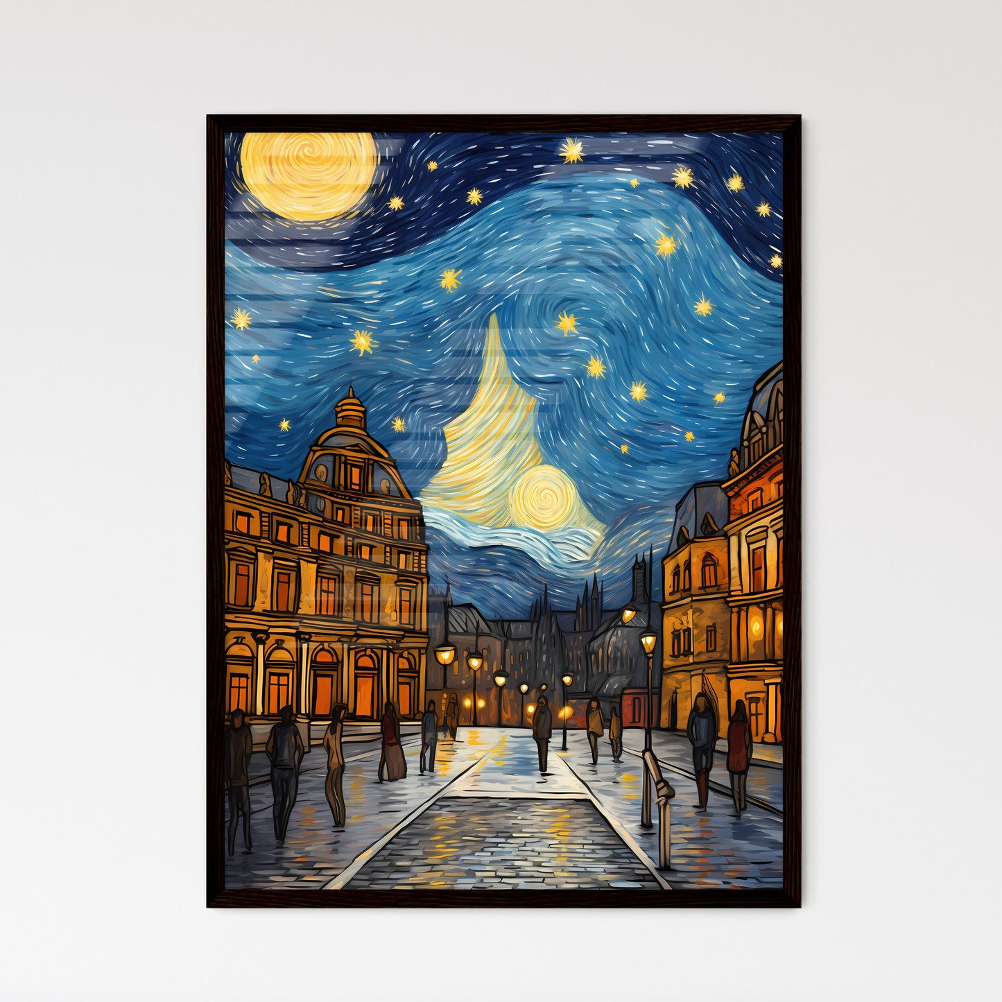 A Poster of adorable christmas illustration card - A Street With Buildings And People In The Middle Framed Art