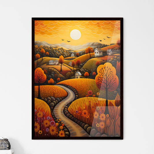 A Poster of autumn landscape - A Painting Of A Landscape With Houses And Trees Default Title