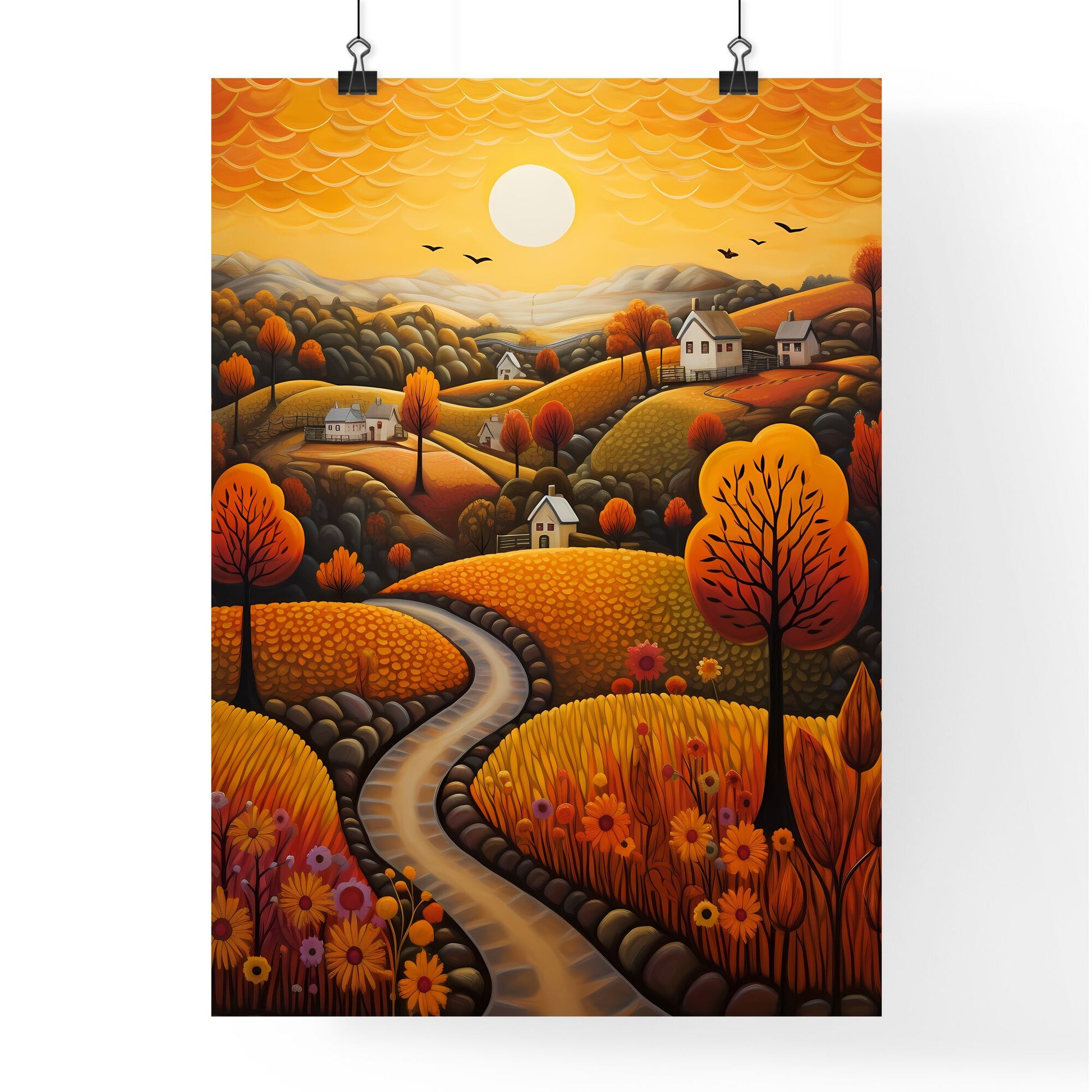 A Poster of autumn landscape - A Painting Of A Landscape With Houses And Trees Default Title