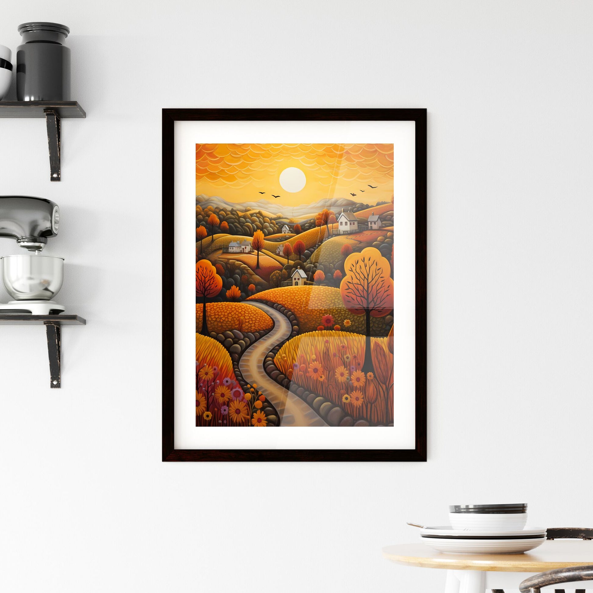 A Poster of autumn landscape - A Painting Of A Landscape With Houses And Trees Default Title