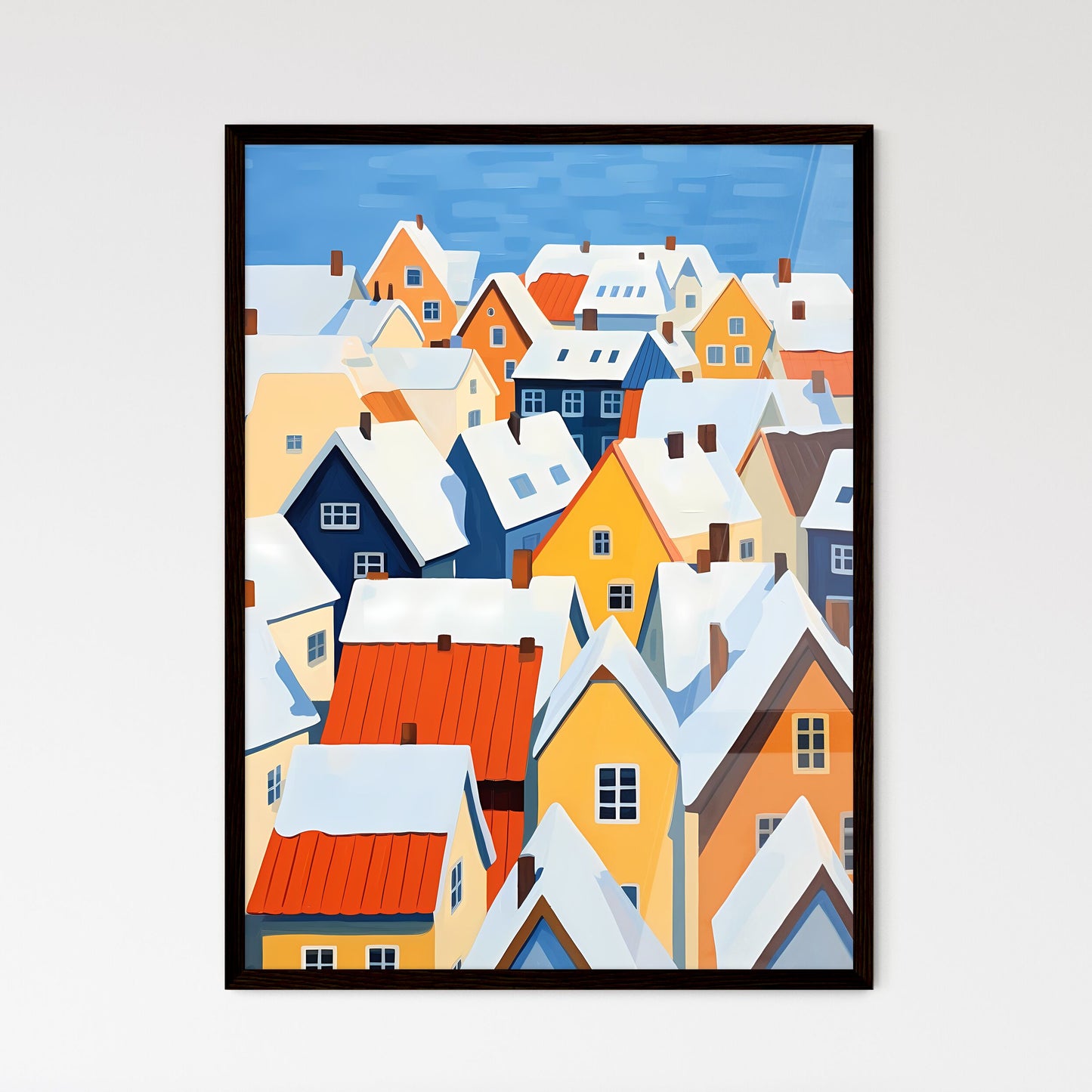 A Poster of snowy german small town roofs - A Group Of Colorful Houses Covered In Snow Framed Art