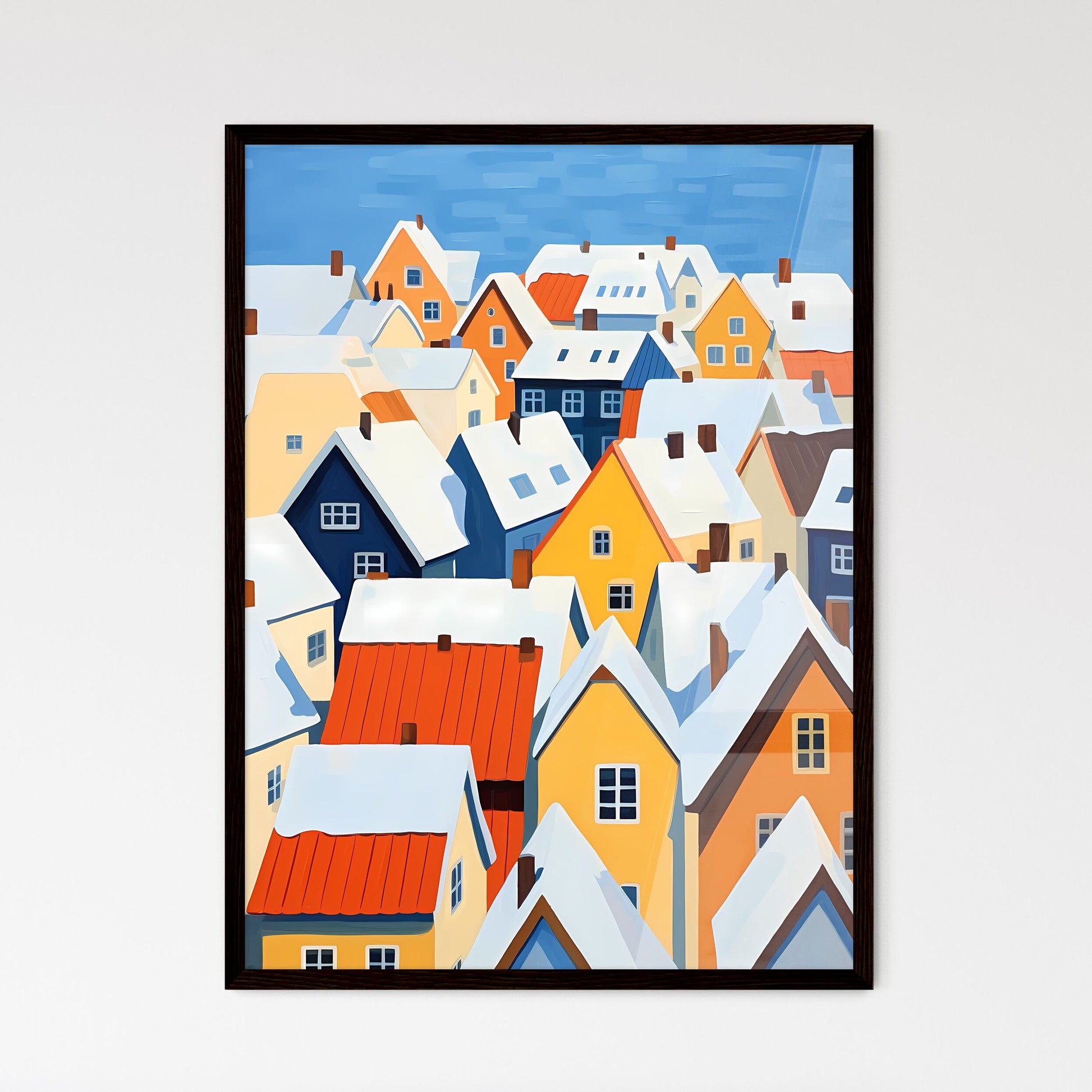 A Poster of snowy german small town roofs - A Group Of Colorful Houses Covered In Snow Framed Art