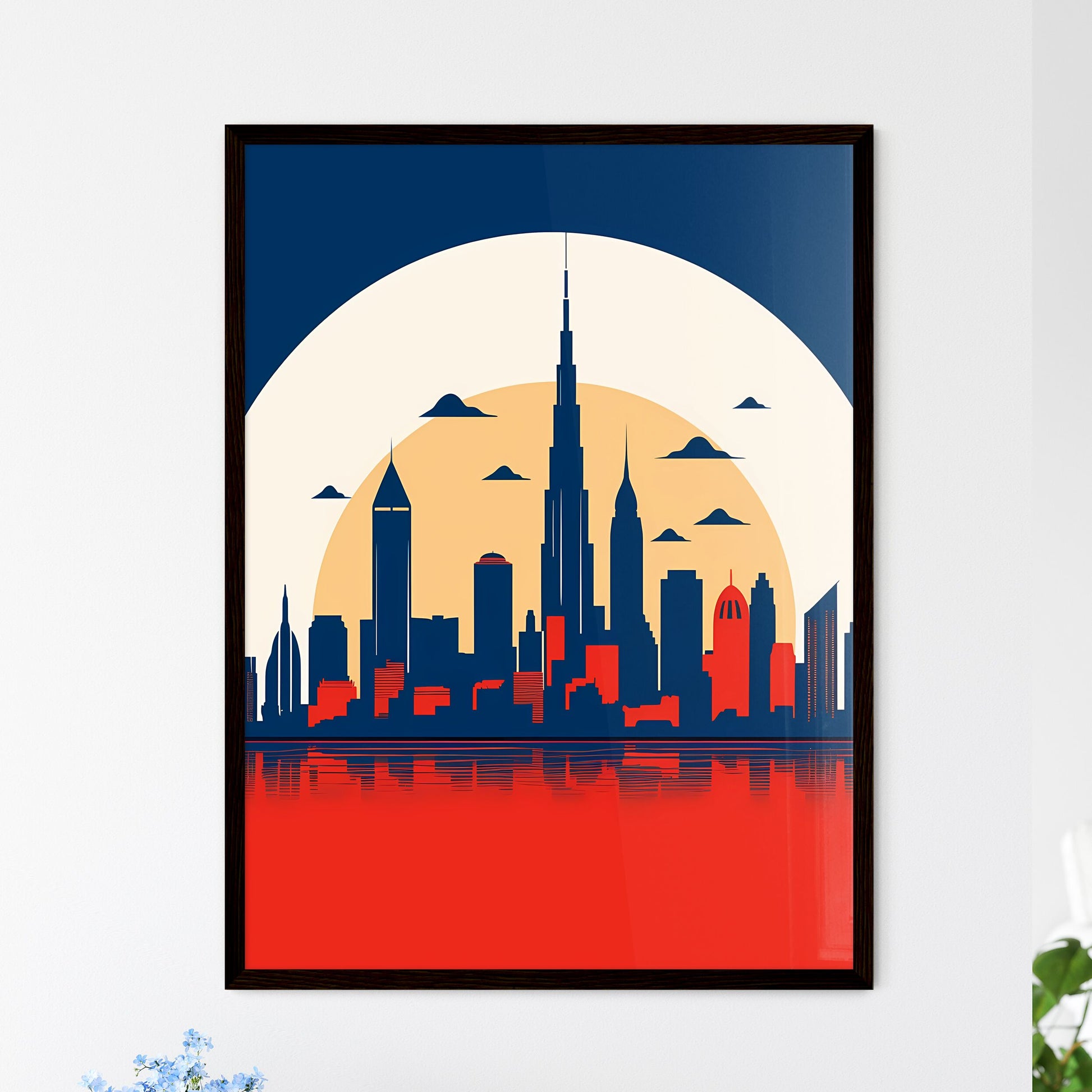 A Poster of minimalist Chicago skyline - A City Skyline With A Large Sun Behind It Framed Art