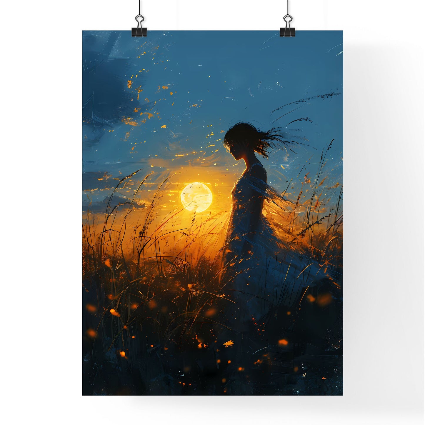 A Poster of a nocturne - A Woman In A Dress In A Field Of Tall Grass Default Title