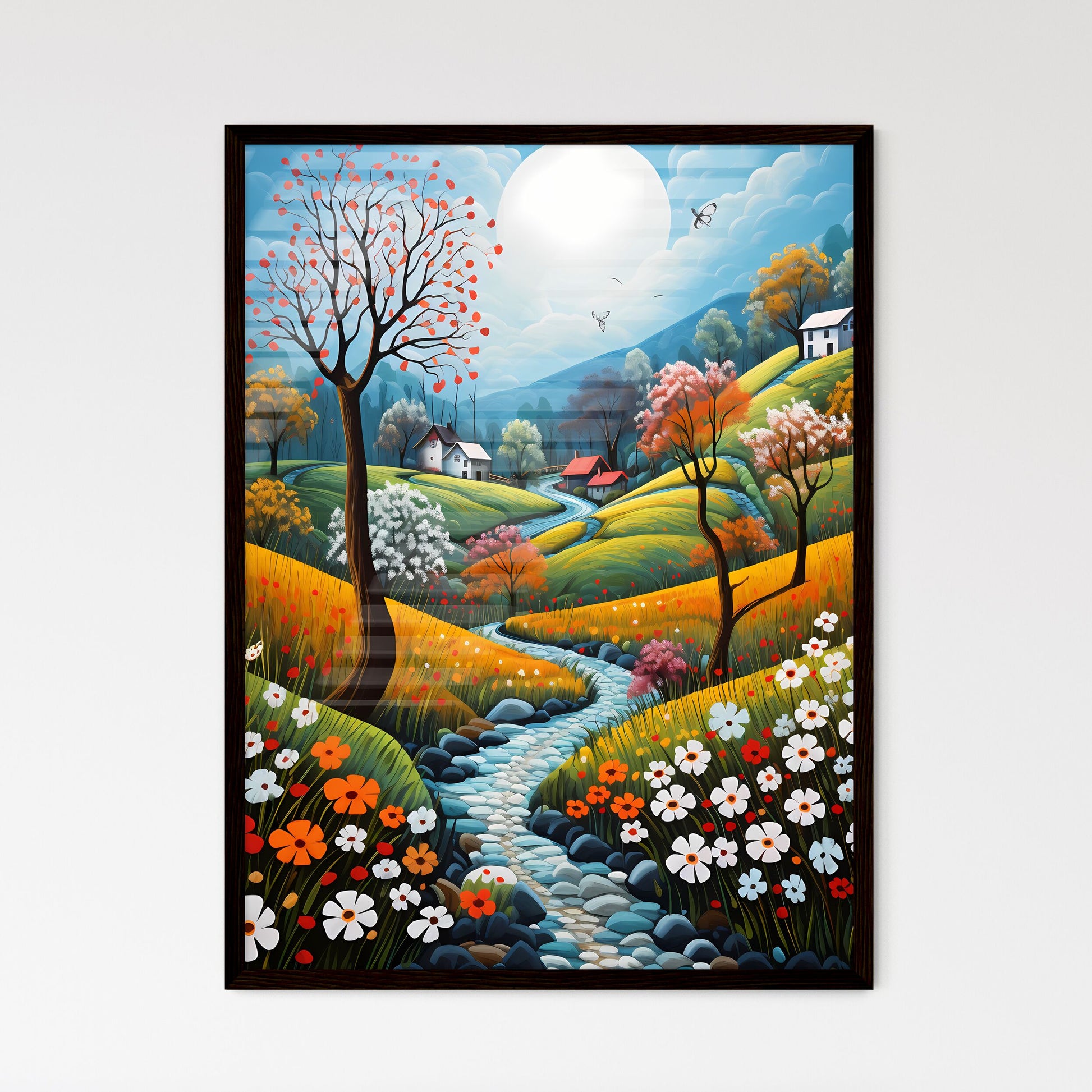 A Poster of spring landscape - A Painting Of A River Running Through A Valley With Houses And Trees Default Title