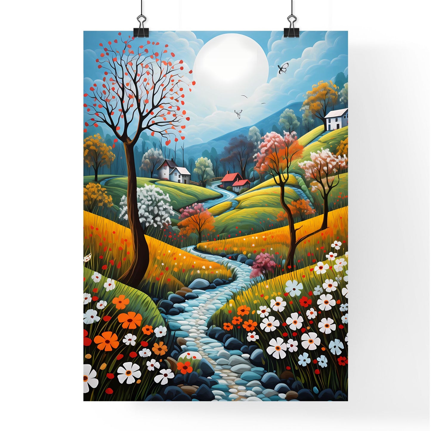 A Poster of spring landscape - A Painting Of A River Running Through A Valley With Houses And Trees Default Title