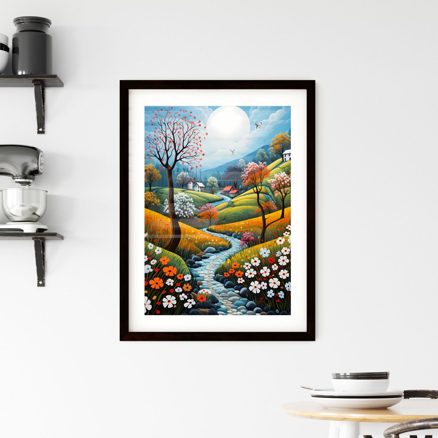 A Poster of spring landscape - A Painting Of A River Running Through A Valley With Houses And Trees Default Title