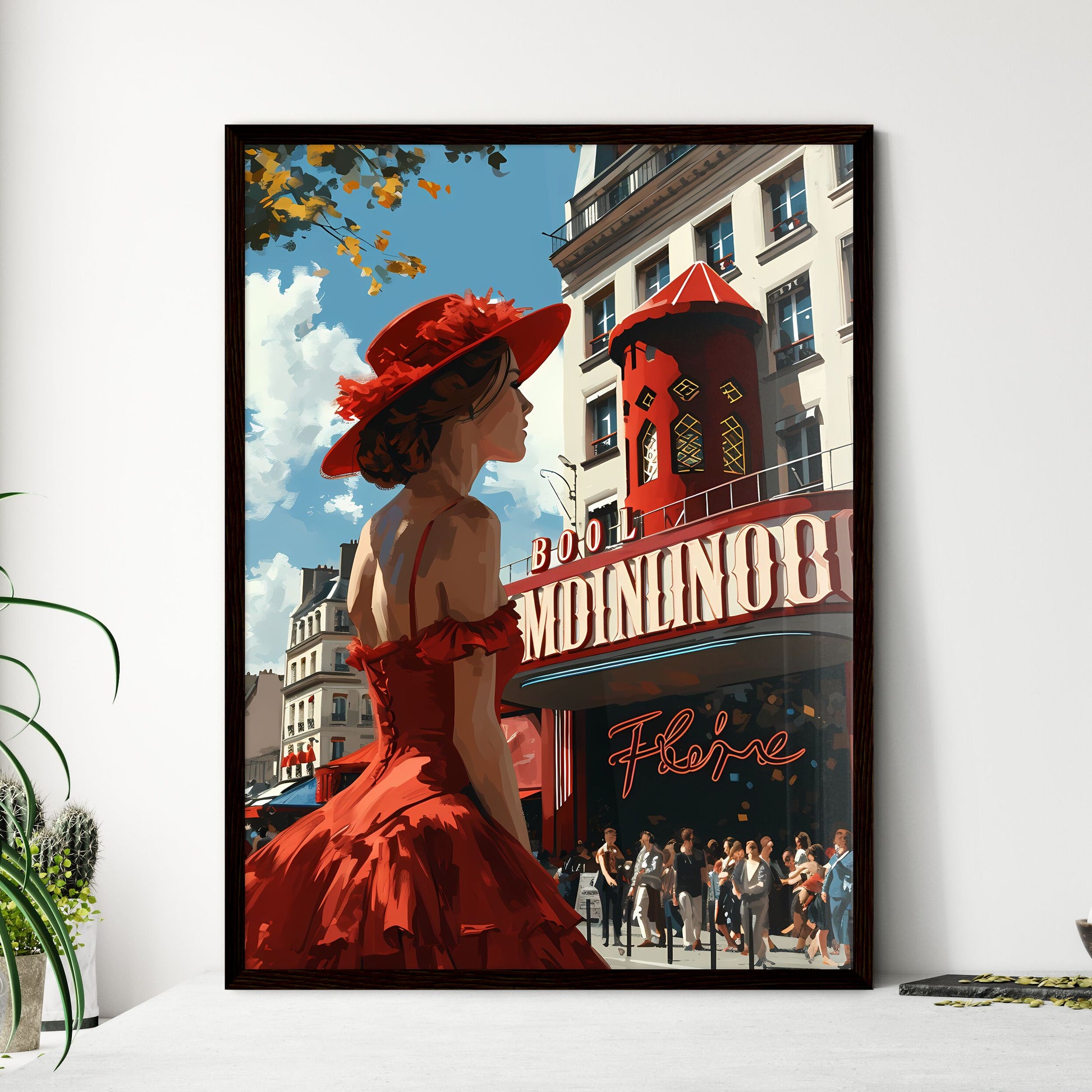 A Poster of Une lofi girl regardant - A Woman In A Red Dress And Hat In Front Of A Building Framed Art