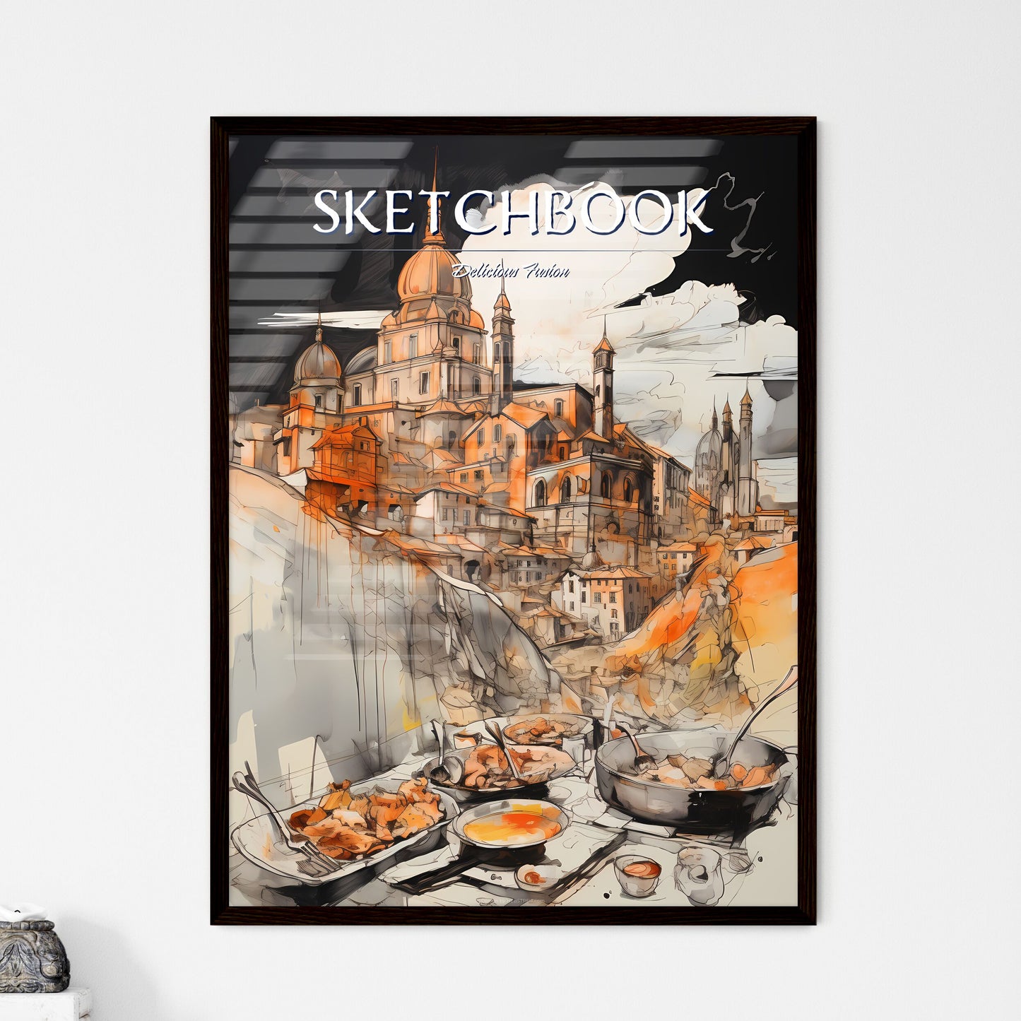 A Poster of tika masala food drawing sketchbook art - A Painting Of A City With A Large Building And A Large Dome Framed Art