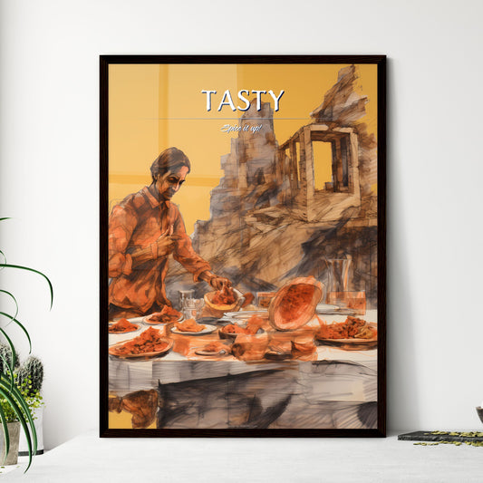A Poster of tika masala food drawing sketchbook art - A Man Standing At A Table With Food On It Default Title