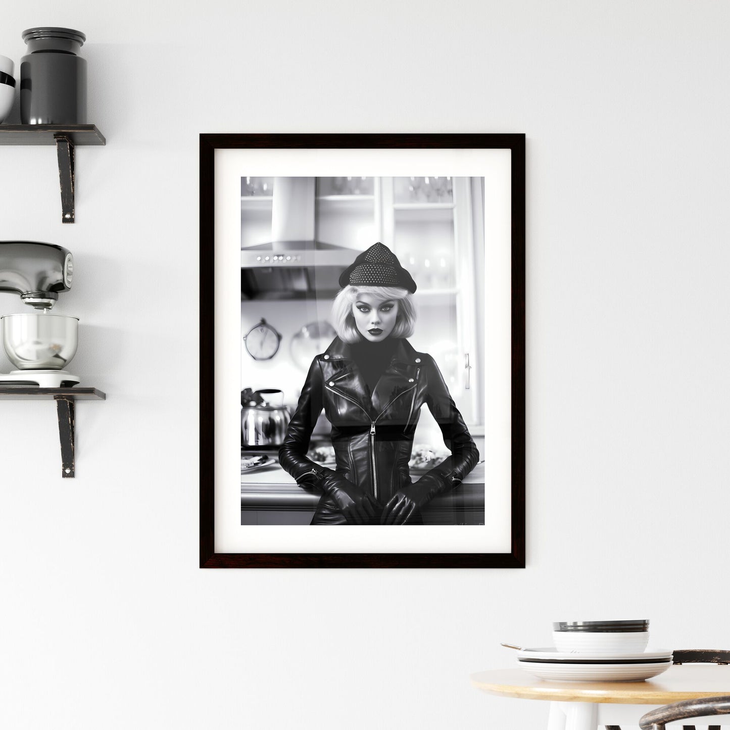 A Poster of leather goddess in a tres chic kitchen - A Woman In A Leather Jacket Default Title