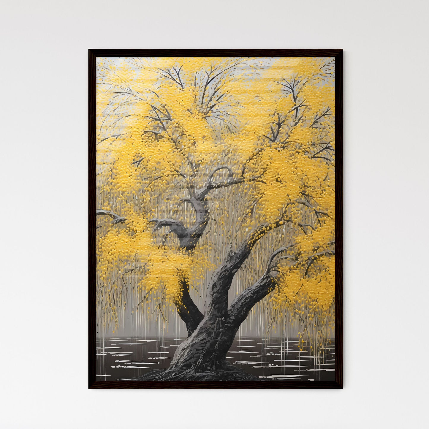 A Poster of an acrylic painting of a yellow  - Framed Art Print