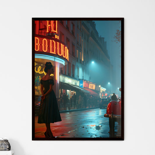 A Poster of Une lofi girl regardant - A Woman Standing On A Street In Front Of A Neon Sign Framed Art
