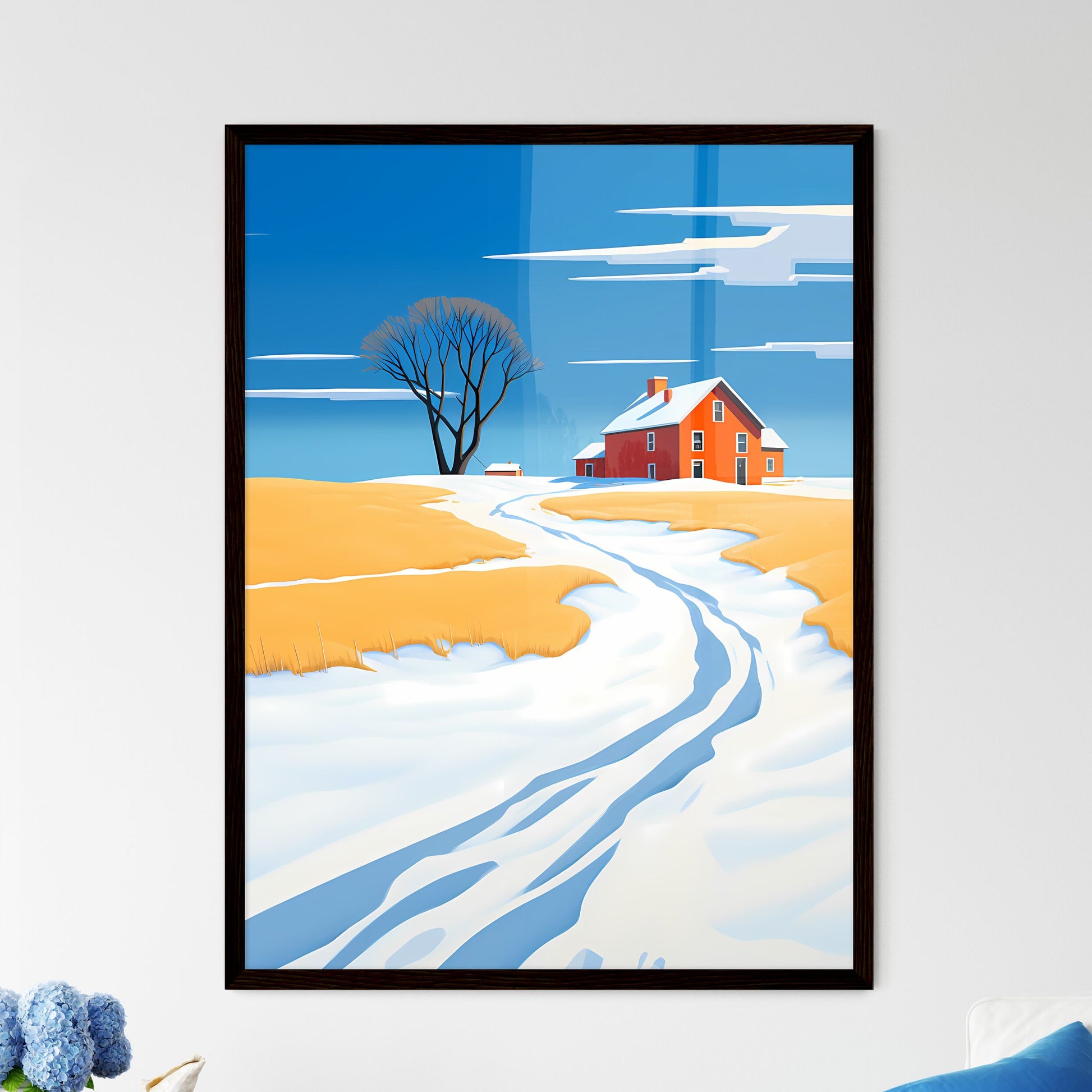 A Poster of prairie farmhouse buried in snow - A Snow Covered Road Leading To A House Framed Art
