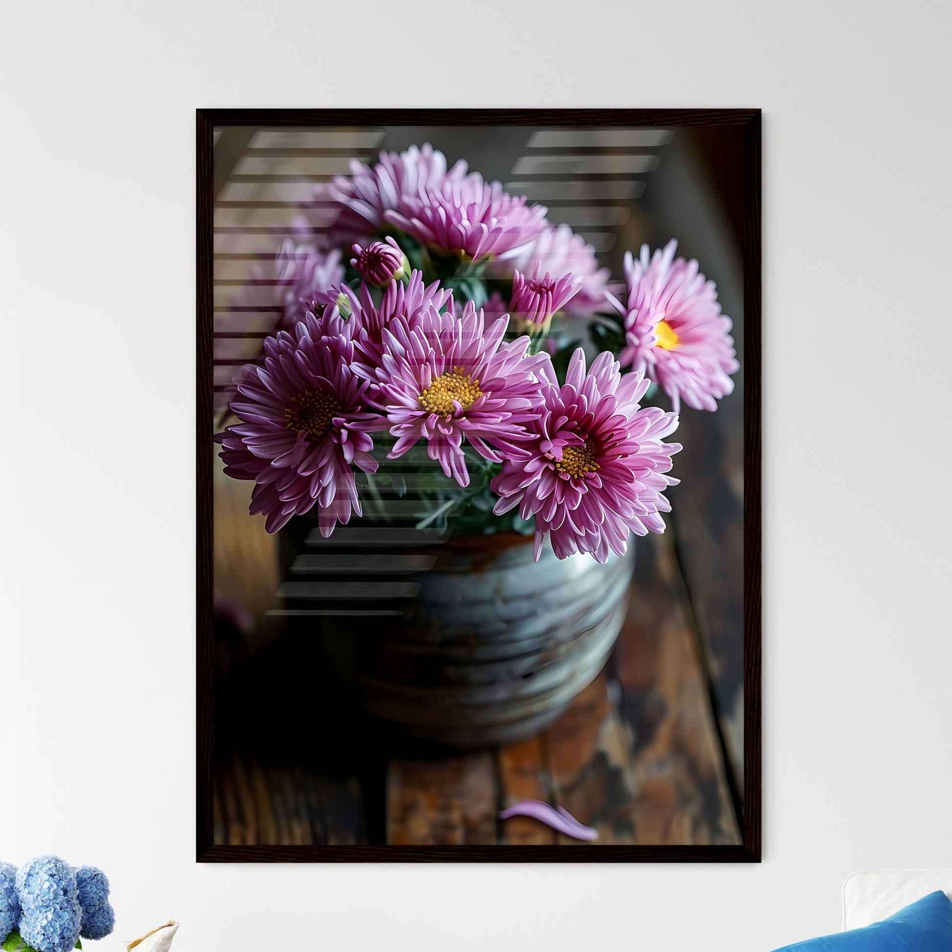 A Poster of A pot of purple chrysanthemums b - Framed Art Print