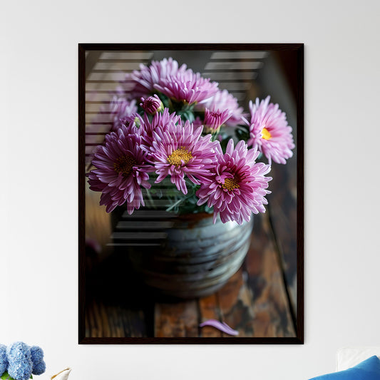 A Poster of A pot of purple chrysanthemums b - Framed Art Print