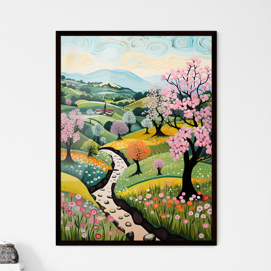 A Poster of spring landscape - A Painting Of A Landscape With Trees And Flowers Default Title